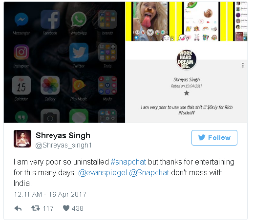 Một người dùng đã gỡ ứng dụng Snapchat. 