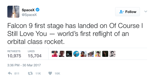  Đoạn tweet thông báo tên lửa đẩy đã hạ cánh thành công của SpaceX.​ 