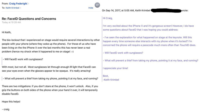 Chi tiết cụ thể bức email mà phó giám đốc Apple Craig Federighi trả lời câu hỏi của khách hàng Keith Krimbel